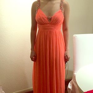 Long prom orange dress with rhinestones